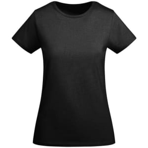 A black women's T-shirt with a classic crew neck design, featuring a logo on the front.