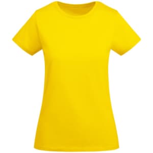 A yellow women's T-shirt with a classic crew neck and short sleeves. Features a logo on the front.