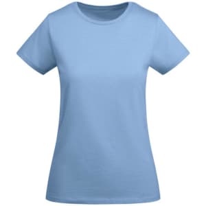 A light blue women's T-shirt with short sleeves and a classic fit, featuring a logo on the front.