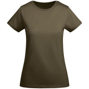 A women's T-shirt in a solid olive green colour with short sleeves and a crew neck. It has a logo on it.
