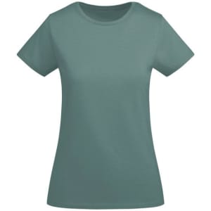 A women's T-shirt in a muted teal colour with short sleeves and a classic round neckline. It features a logo.