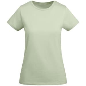 A light green women's t-shirt with a classic crew neck and short sleeves. It features a logo on the upper front.