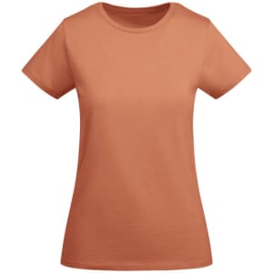 A women's T-shirt in a warm terracotta colour with a classic crew neck and short sleeves. It features a logo.
