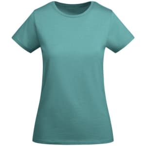 A teal women's T-shirt with a classic crew neck and short sleeves. Features a logo on the label.