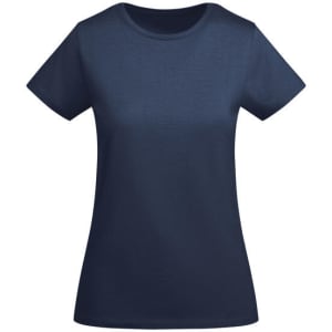 A navy women's T-shirt with a classic crew neckline and short sleeves. It features a logo.