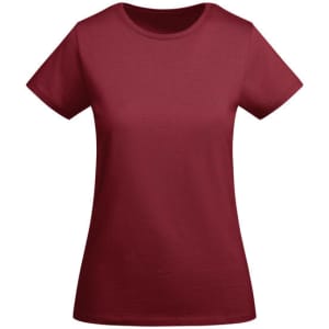 A burgundy women's t-shirt with short sleeves and a classic fit. Features a logo on the front.