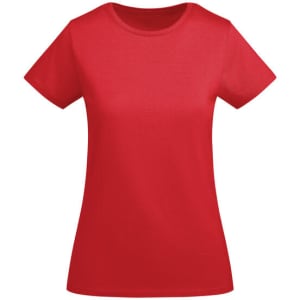 A red women's T-shirt with a classic crew neck and short sleeves, designed for casual wear.
