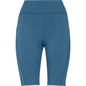 A pair of blue short leggings featuring a high waistband and a sleek design. Includes a branding logo.