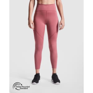 A pair of high-waisted leggings in a dusty rose colour, featuring a sleek design and a branding logo.