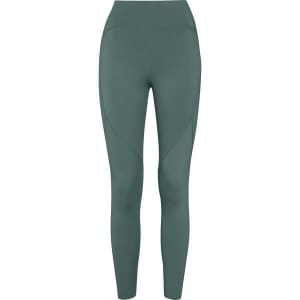 Compression leggings in a dark green colour with a fitted design and a high waistband, featuring a logo.