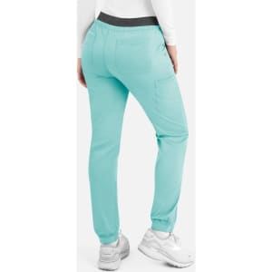 A pair of women's cargo pants in a light teal colour, featuring an elastic waistband and cargo pockets.