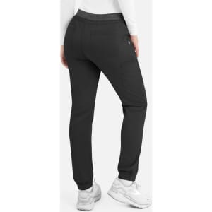 A pair of black cargo pants with an elastic waistband and pockets, featuring a logo on the back.