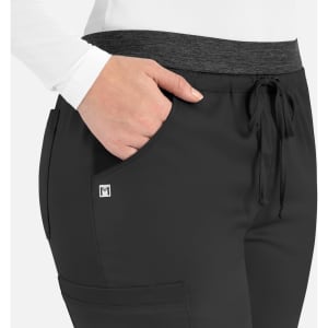 A pair of black women's cargo pants featuring a contrast waistband and pockets, with a small logo.