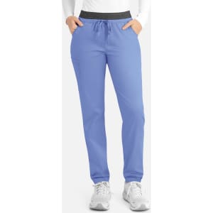 A pair of women's cargo pants in light blue with a grey elastic waistband and pockets.