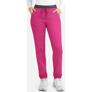 Bright pink cargo pants with a contrasting black waistband, featuring pockets on either side.