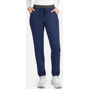A pair of women's cargo pants in navy with a grey elastic waistband, featuring pockets and a relaxed fit.