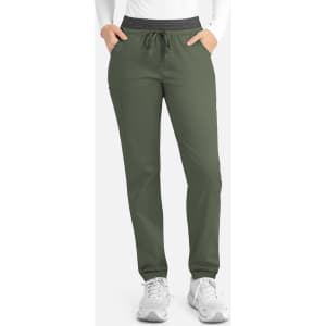 A pair of women's cargo pants in olive green with a contrast waistband and pockets. The pants have a relaxed fit.