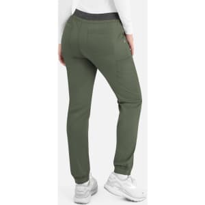 A pair of women's cargo pants in olive green with an elastic waistband and side pockets, featuring a logo.