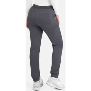 Women’s grey cargo pants featuring an elastic waistband and side pockets, with a logo on the back.