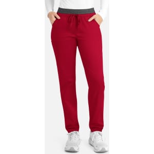 A pair of women's cargo pants in red with a contrast E band waist and side pockets. Features a logo on one pocket.