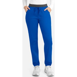 Bright blue women's cargo pants with a contrasting grey waistband, featuring pockets and a drawstring.