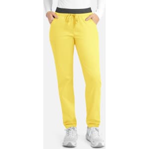 Yellow cargo pants with a black contrast waistband, featuring side pockets and a relaxed fit.