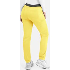 A pair of women's cargo pants in bright yellow, featuring an elastic waistband and side pockets.