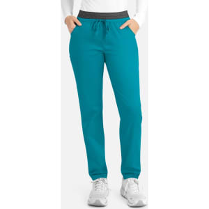 A pair of women's cargo pants in teal with a contrast black waistband and side pockets.