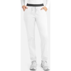 A pair of women's cargo pants in white with a contrasting black elastic waistband. Features pockets and a casual fit.
