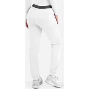 White cargo pants with a contrast black waistband, featuring pockets and a tapered fit. Includes a logo on the design.