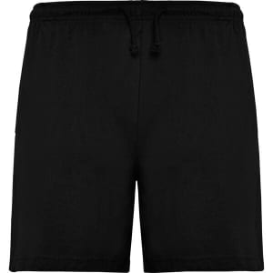 Black sports shorts featuring an elastic waistband with a drawstring. Includes a logo on the side.