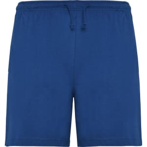 Sport shorts in solid blue, featuring an elastic waistband with drawstring and side pockets. Includes a brand logo.