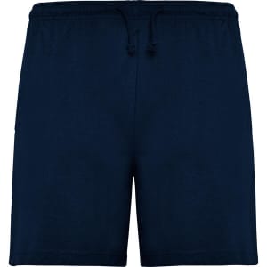 Navy shorts with an elastic waistband and drawstring, featuring side pockets and a logo.