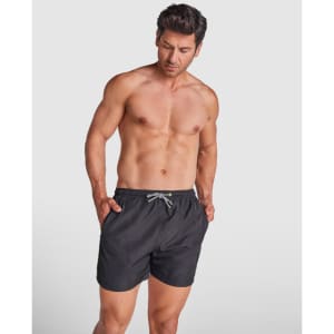 Black swimming shorts with an elastic waistband and drawstring, featuring a branding logo.