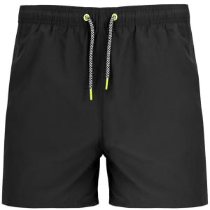Black swimming shorts featuring a drawstring with yellow accents and a logo.