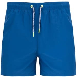 Bright blue swimming shorts with an elastic waistband and contrasting drawstring. Features branding on the side.