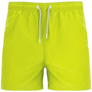 Neon green swimming shorts featuring an elastic waistband and drawstring, with a logo on the front.
