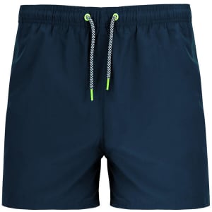 Navy blue swimming shorts with a drawstring waistband and contrasting yellow accents. Includes side pockets and a brand logo.