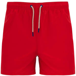 Red swimming shorts with an elastic waistband and contrasting drawstring. Features a logo on the front.
