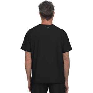 A black T-shirt featuring a simple design, shown from the back. The shirt has a logo at the neckline.