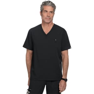 A black V-neck scrub top with a chest pocket, featuring a logo on the left side.