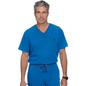 A man wearing a bright blue v-neck scrub top with a pocket, paired with matching blue scrub pants.