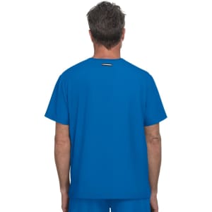 A blue men's top featuring a simple design and a logo on the back.