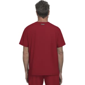 A red short-sleeve top with a simple design, featuring a logo on the upper back.