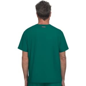 A green top featuring a simple design, viewed from the back. The product has a branding logo.