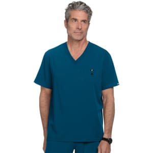 A scrubs top in teal, featuring a V-neck design and a pocket, with a logo on it.