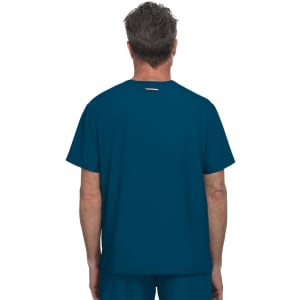 A T-shirt in a deep teal colour, featuring a simple design and a small branding logo on the back.
