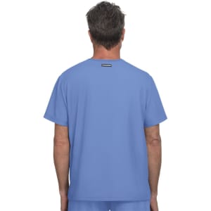 A blue medical scrub top viewed from the back, featuring a simple design and a logo on the back neckline.