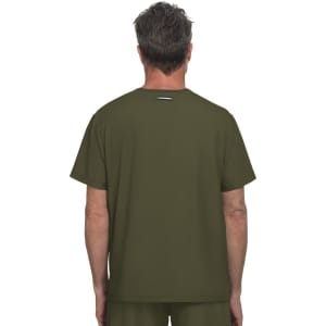 A green t-shirt with a simple design, viewed from the back, featuring a logo at the neck area.
