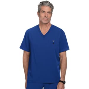 A scrubs top in vibrant blue, featuring a V-neck design and pocket, displayed on a model with grey hair.